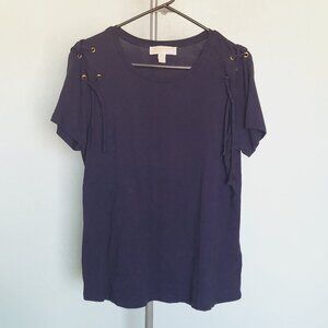 MICHAEL KORS Navy Blue Lace-Up Shoulder Tee | Size L